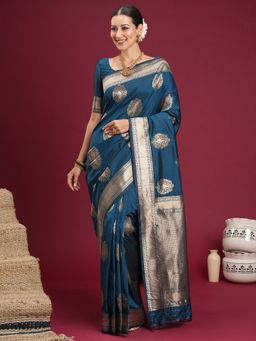 Sareemall - Women's Silk Blend Teal Blue Woven Design Designer Saree with Unstitched Blouse