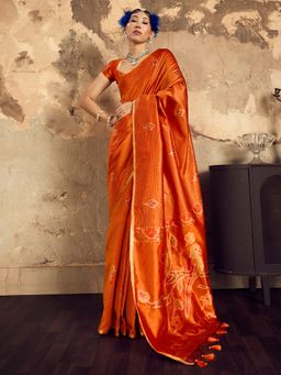 Sareemall - Women's Pure Silk Orange Woven Design Designer Saree with Unstitched Blouse
