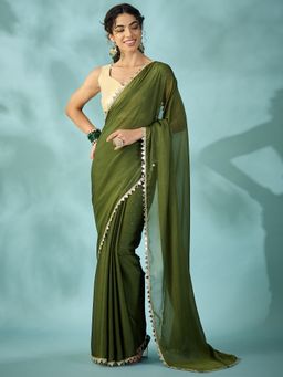 Sareemall - Women's Georgette Green Embellished Designer Saree with Unstitched Blouse