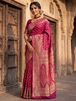Sareemall - Women's Litchi Silk Pink Woven Design Designer Saree with Unstitched Blouse