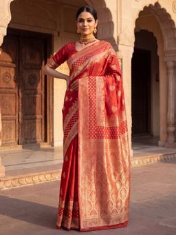 Sareemall - Women's Litchi Silk Orange Woven Design Designer Saree with Unstitched Blouse