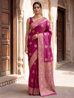 Sareemall - Women's Litchi Silk Pink Woven Design Designer Saree with Unstitched Blouse