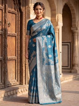 Sareemall - Women's Litchi Silk Light Blue Woven Design Designer Saree with Unstitched Blouse