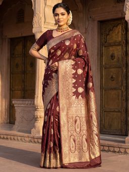 Sareemall - Women's Litchi Silk Maroon Woven Design Designer Saree with Unstitched Blouse