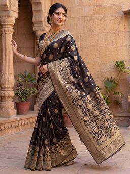 Sareemall - Women's Litchi Silk Black Woven Design Designer Saree with Unstitched Blouse
