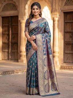 Sareemall - Women's Litchi Silk Blue Woven Design Designer Saree with Unstitched Blouse