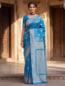 Sareemall - Women's Litchi Silk Light Blue Woven Design Designer Saree with Unstitched Blouse