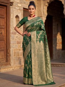 Sareemall - Women's Litchi Silk Green Woven Design Designer Saree with Unstitched Blouse
