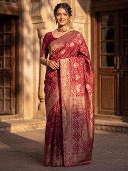 Sareemall - Women's Litchi Silk Maroon Woven Design Designer Saree with Unstitched Blouse