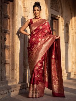 Sareemall - Women's Litchi Silk Pink Woven Design Designer Saree with Unstitched Blouse