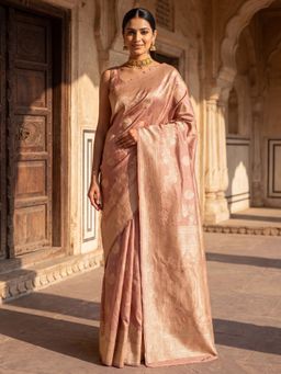 Sareemall - Women's Litchi Silk Rose Gold Woven Design Designer Saree with Unstitched Blouse