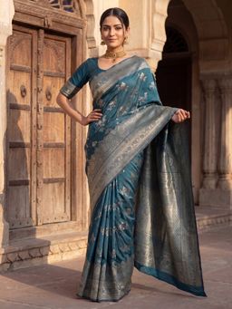 Sareemall - Women's Litchi Silk Teal Blue Woven Design Designer Saree with Unstitched Blouse