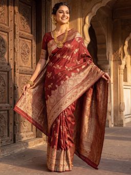 Sareemall - Women's Litchi Silk Maroon Woven Design Designer Saree with Unstitched Blouse