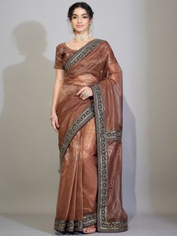 Sareemall - Women's Supernet Metallic Embellished Designer Saree with Unstitched Blouse