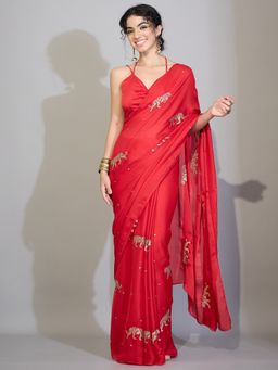Sareemall - Women's Satin Red Embroidered Designer Saree with Unstitched Blouse