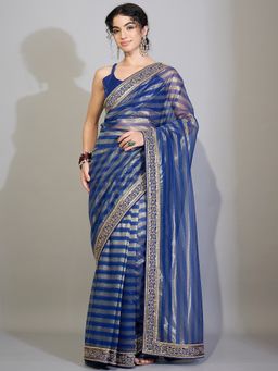 Sareemall - Women's Supernet Blue Embellished Designer Saree with Unstitched Blouse
