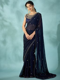Sareemall - Women's Pure Georgette Navy Blue Zari Embroidered Designer Saree with Unstitched Blouse