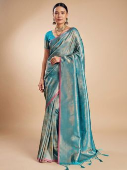 Sareemall - Women's Kanjeevaram Silk Light Blue Woven Design Designer Saree with Unstitched Blouse