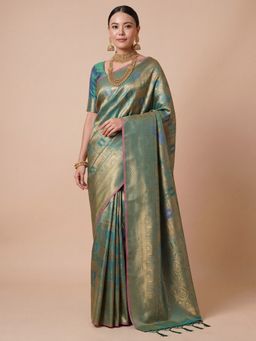 Sareemall - Women's Kanjeevaram Silk Teal Blue Woven Design Designer Saree with Unstitched Blouse