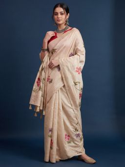 Sareemall - Women's Tussar Silk Cream Printed Designer Saree with Unstitched Blouse