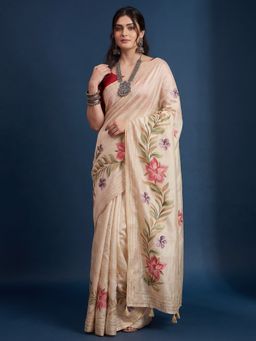 Sareemall - Women's Tussar Silk Cream Printed Designer Saree with Unstitched Blouse