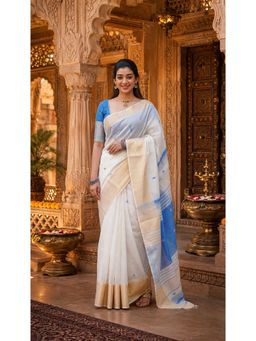 Anjaneya Sarees - White-Blue Designer Cotton Silk Kanjivaram Saree with Unstitched Blouse