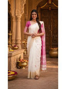 Anjaneya Sarees - White-Pink Designer Cotton Silk Kanjivaram Saree with Unstitched Blouse