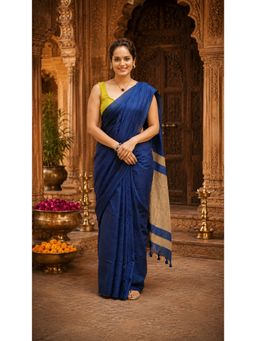 Anjaneya Sarees - Blue Designer Cotton Silk Kanjivaram Saree with Unstitched Blouse