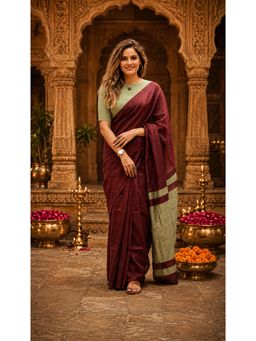 Anjaneya Sarees - Maroon Designer Cotton Silk Kanjivaram Saree with Unstitched Blouse