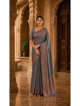 Anjaneya Sarees - Grey Designer Banarasi Silk Kanjivaram Saree with Unstitched Blouse