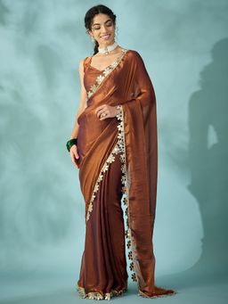 Sareemall - Women's Satin Bronze Embellished Designer Saree with Unstitched Blouse