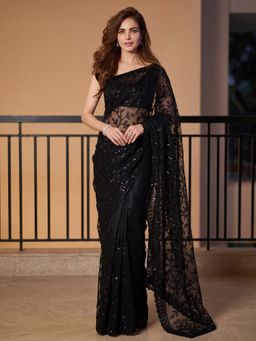 Sareemall - Women's Net Black Embellished Designer Saree with Unstitched Blouse