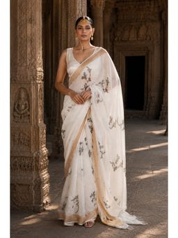 Anjaneya Sarees - White Designer Linen Printed Saree with Unstitched Blouse