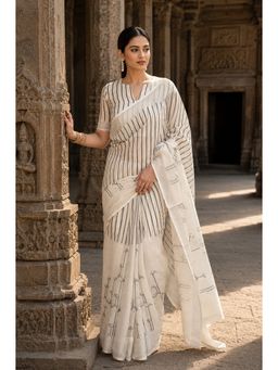 Anjaneya Sarees - White Designer Linen Printed Saree with Unstitched Blouse