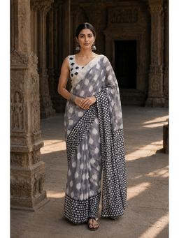 Anjaneya Sarees - Grey Designer Linen Printed Saree with Unstitched Blouse