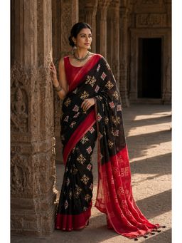 Anjaneya Sarees - Black Designer Linen Printed Saree with Unstitched Blouse