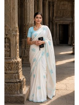 Anjaneya Sarees - White-Blue Designer Linen Printed Saree with Unstitched Blouse