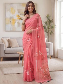 Sareemall - Women's Chiffon Pink Printed Designer Saree with Unstitched Blouse