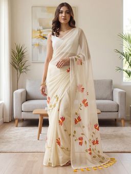 Sareemall - Women's Chiffon Off White Printed Designer Saree with Unstitched Blouse