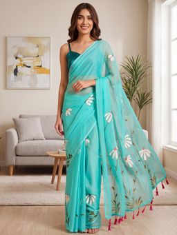 Sareemall - Women's Chiffon Light Blue Printed Designer Saree with Unstitched Blouse