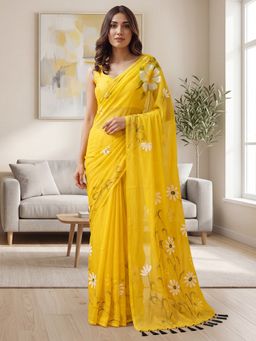 Sareemall - Women's Chiffon Yellow Printed Designer Saree with Unstitched Blouse