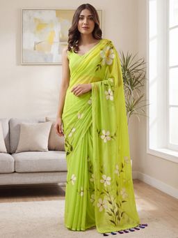 Sareemall - Women's Chiffon Lime Green Printed Designer Saree with Unstitched Blouse