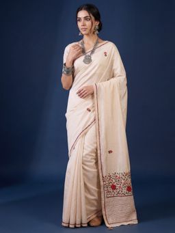 Sareemall - Women's Tussar Silk Ivory Embroidered Designer Saree with Unstitched Blouse