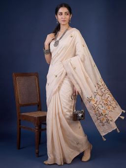 Sareemall - Women's Tussar Silk Ivory Embroidered Designer Saree with Unstitched Blouse