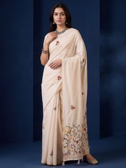 Sareemall - Women's Tussar Silk Ivory Embroidered Designer Saree with Unstitched Blouse