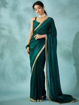 Sareemall - Women's Satin Green Embellished Designer Saree with Unstitched Blouse