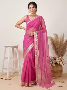 Sareemall - Women's Kota Doria Cotton Dark Pink Embellished Designer Saree with Unstitched Blouse