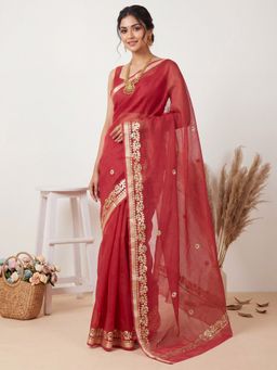 Sareemall - Women's Kota Doria Cotton Red Embellished Designer Saree with Unstitched Blouse