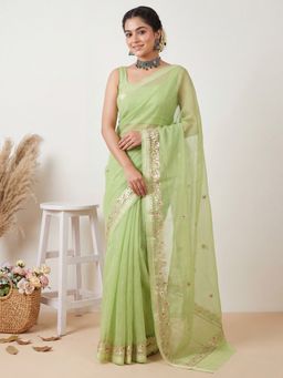 Sareemall - Women's Kota Doria Cotton Light Green Embellished Designer Saree with Unstitched Blouse