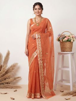 Sareemall - Women's Kota Doria Cotton Orange Embellished Designer Saree with Unstitched Blouse